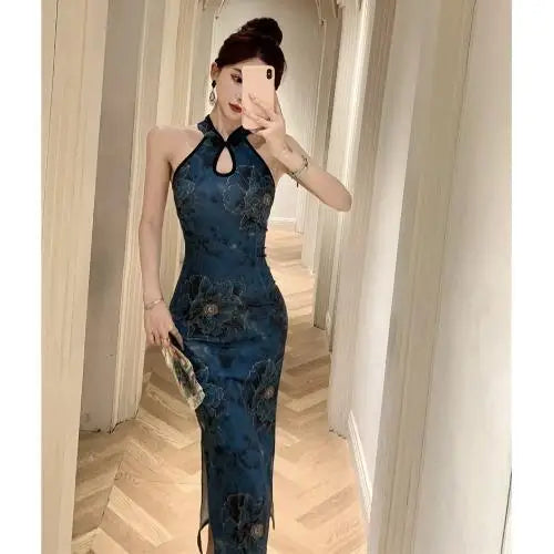 150kg Large Size Women's Qipao Halterneck Sleeveless Chinese Cheongsam Mandarin Collar Side Split Long Party Dress Slim Outfit - Seprincess