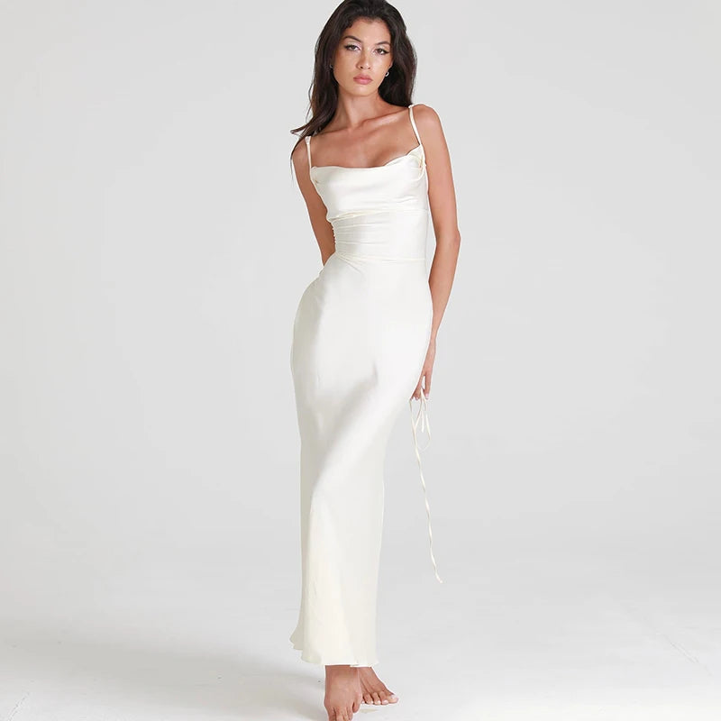 Elegant White Satin Long Dress For Women Bandage Bodycon Backless Maxi Dress Sexy Spaghetti Strap Mermaid Evening Party Dresses - Seprincess