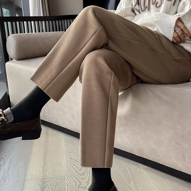 Simplicity Autumn Women Woolen Suit Pants Solid Pockets Button Elastic High Waist Fashion Straight Thicken Ankle Length Trousers