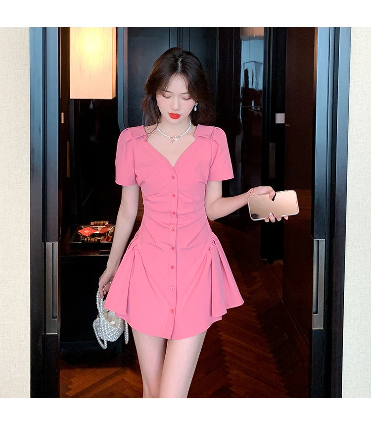 Women Dress 2022 Summer New Net Red Sexy V Neck Short-sleeved Fold Waist Thin Dress Short Single-breasted Shirt Dress Pure Color - Seprincess