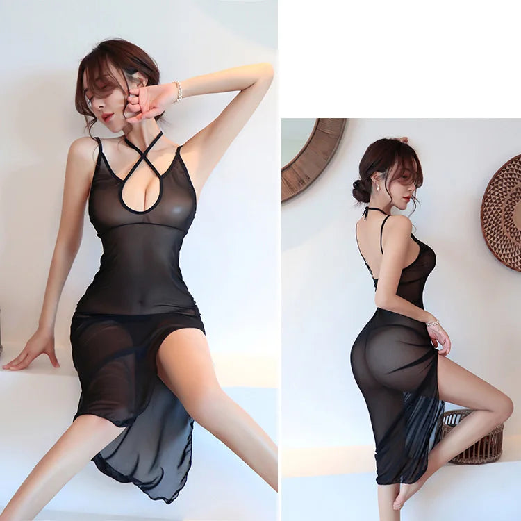 Dress Strap see through mesh long skirt Sexy costume open crotch Party dresses women dresses Autumn dress - Seprincess