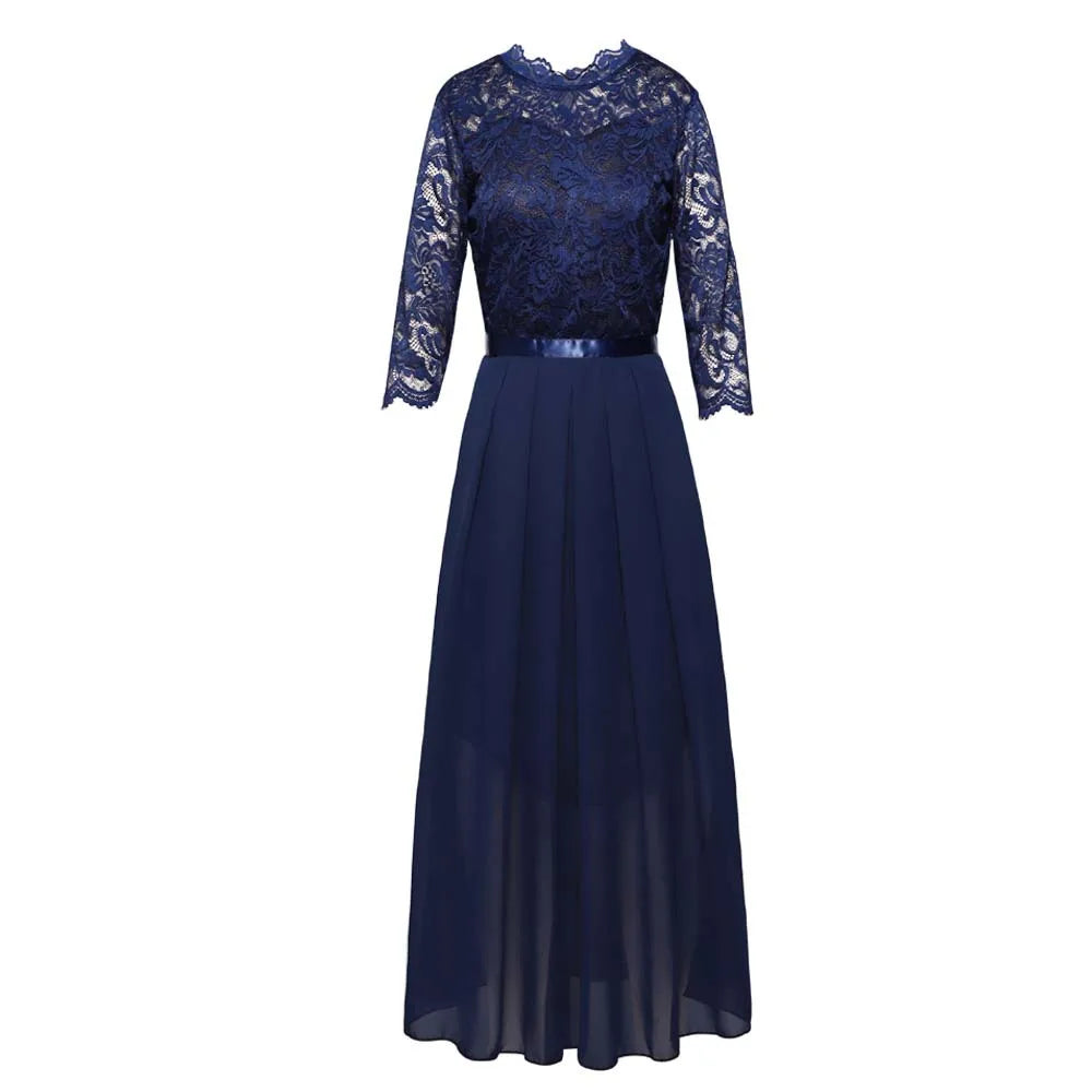 Contrast Lace Pleated Elegant Solid 3/4 Sleeve Party Maxi Formal Evening Dress - Seprincess