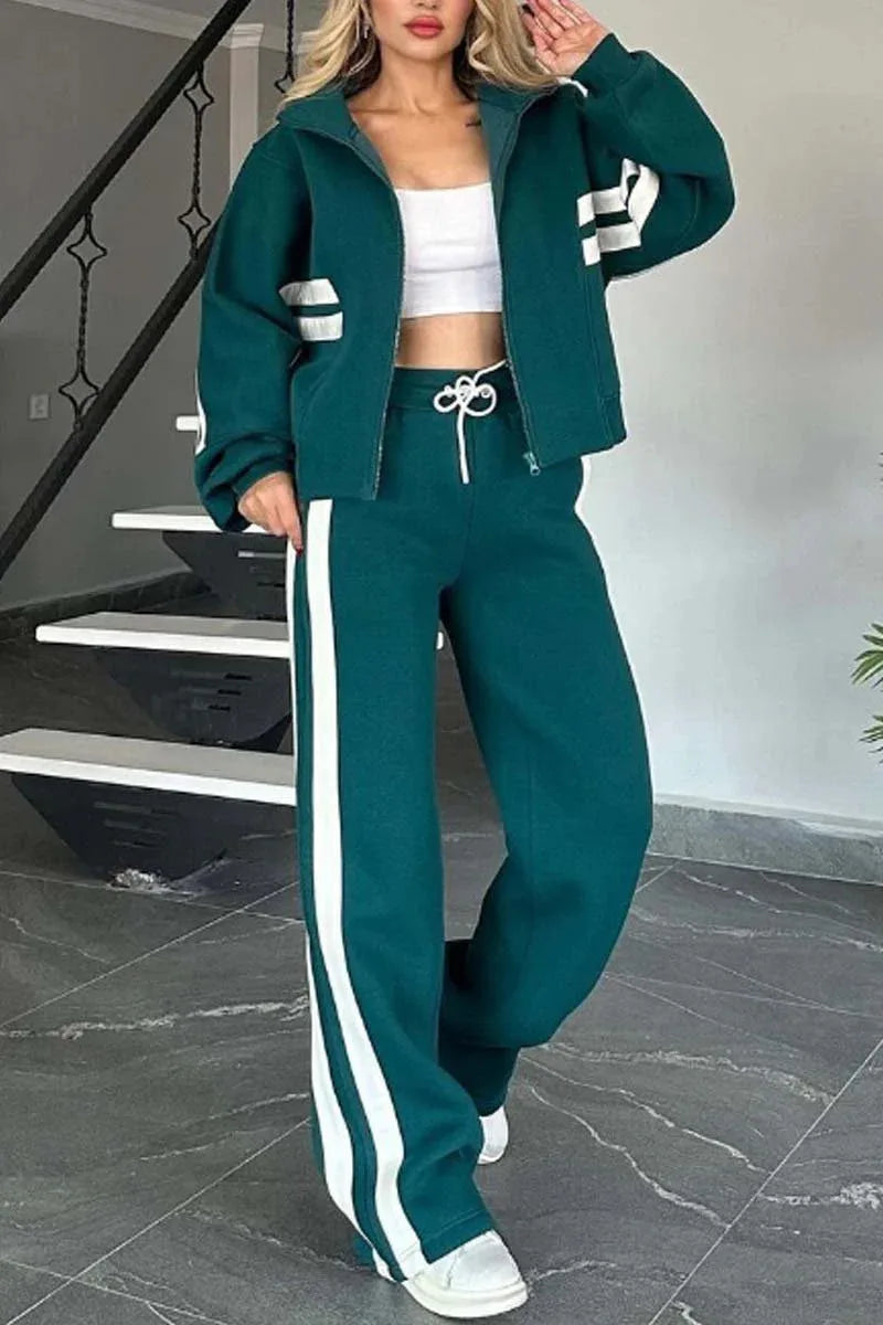 Y2K Striped Zipper Coat+sweatpants Two Piece Set Women Casual Batwing Sleeve Sports Jacket Outfits Autumn Winter Sweatshirt Suit - Seprincess