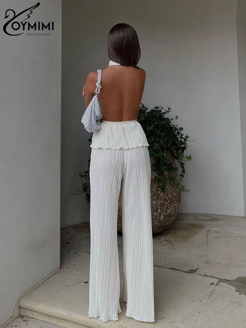 Oymimi Sexy White Pleated 2 Piece Sets Women Outfit 2023 Fashion Sleeveless Backless Tank Top With High Waist Wide Pants Set - Seprincess