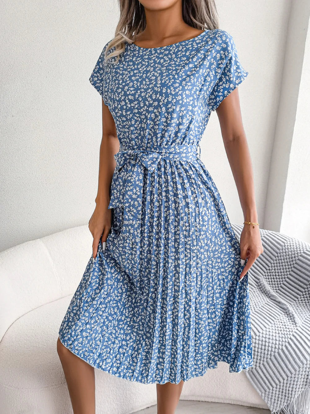 Women Spring Summer Short Sleeve High Waist Chic Dress Fashion Floral Pleated A Line Long Dress - Seprincess