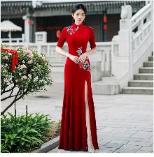 2024 chinese vintage qipao velvet dress mandarin collar improved cheongsam flower embroidery evening banquet qipao folk dress - Seprincess