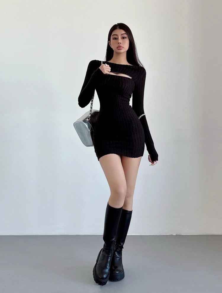 WOMENGAGA Chest Zipper Knitted Dress Elegant Women's 2024 Spring Slim Long Sleeve Wrapped Hip Mini Dress Sweater Tops 2024 D0DO - Seprincess