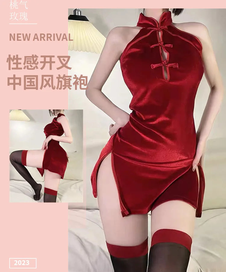 Women Qipao Velvet Wrap Buttocks Dress High Slit Thin Sleeveless Red Black Cheongsam Chinese Chinoiserie High Waist A-line - Seprincess