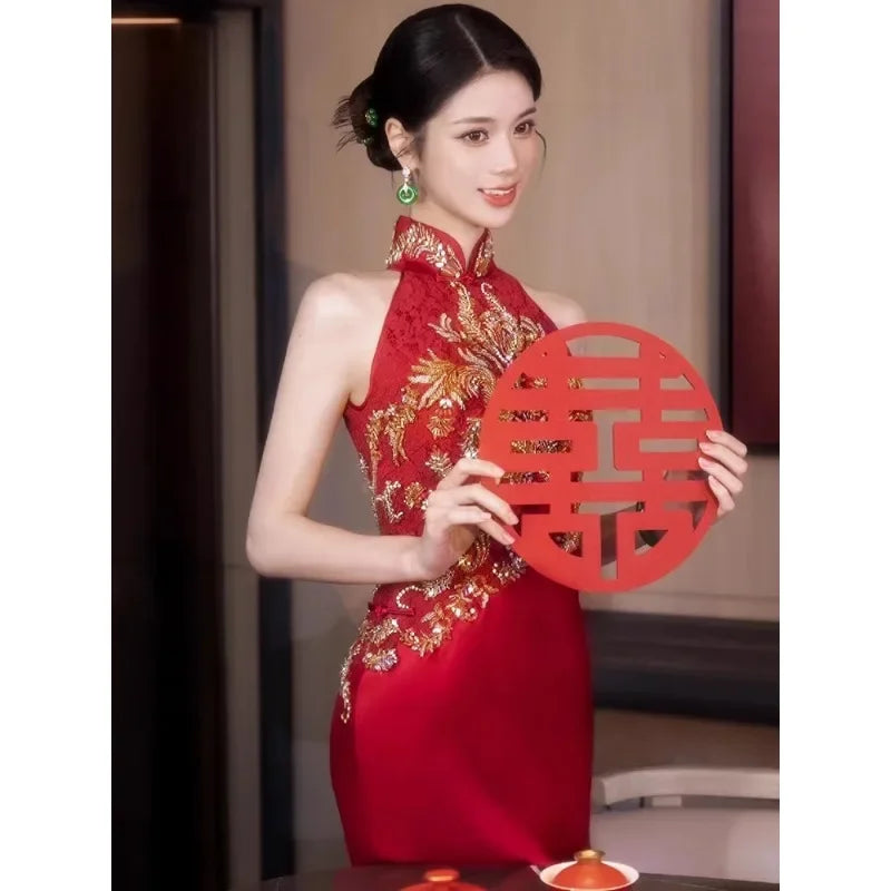 Autumn Traditional Chinese Clothing Qipao Red Sleeveless Stand Collar Embroidery Cheongsam Wedding Dress Elegant Evening Dress - Seprincess