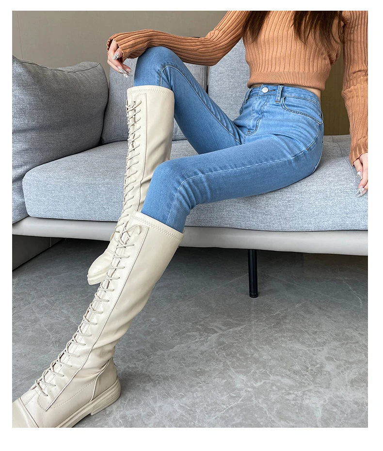 Skinny Jeans Women's Elastic High Waist Slim Fashion Korean Pencil Pants Spring New Leggings Black Gray Light Blue