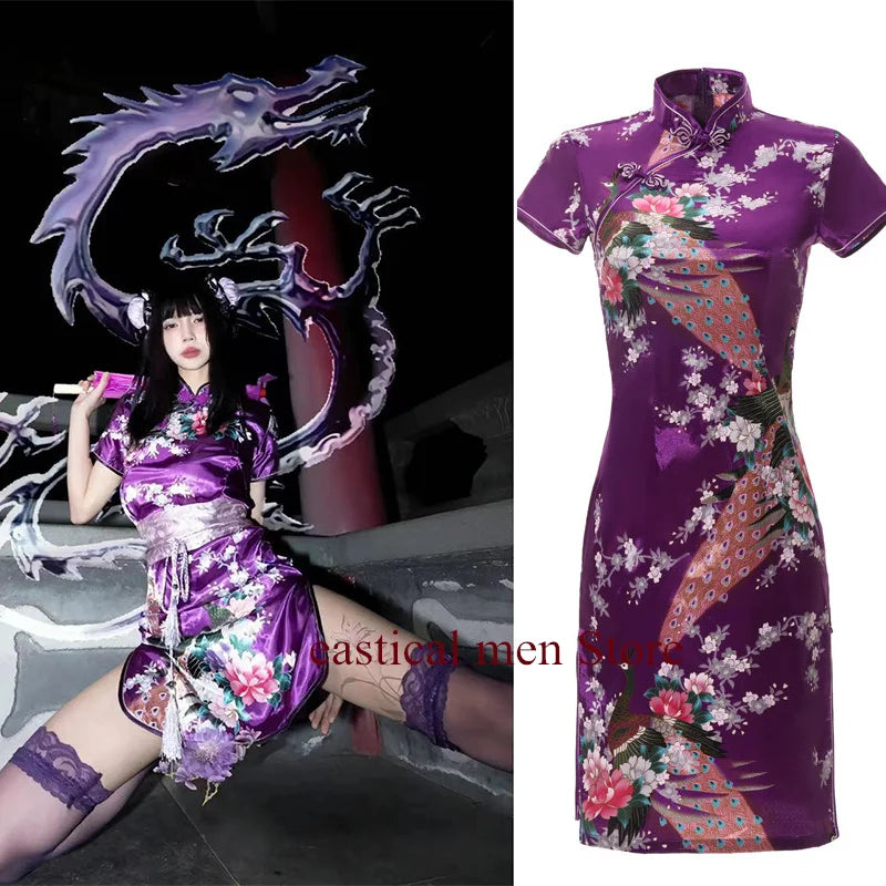 Purple Qipao Sexy Mini Chinese Style Dresses Print Flower Cheongsam Girl Y2K Cosplay China Doll Kung Fu Costumes Plus Size 6Xl - Seprincess