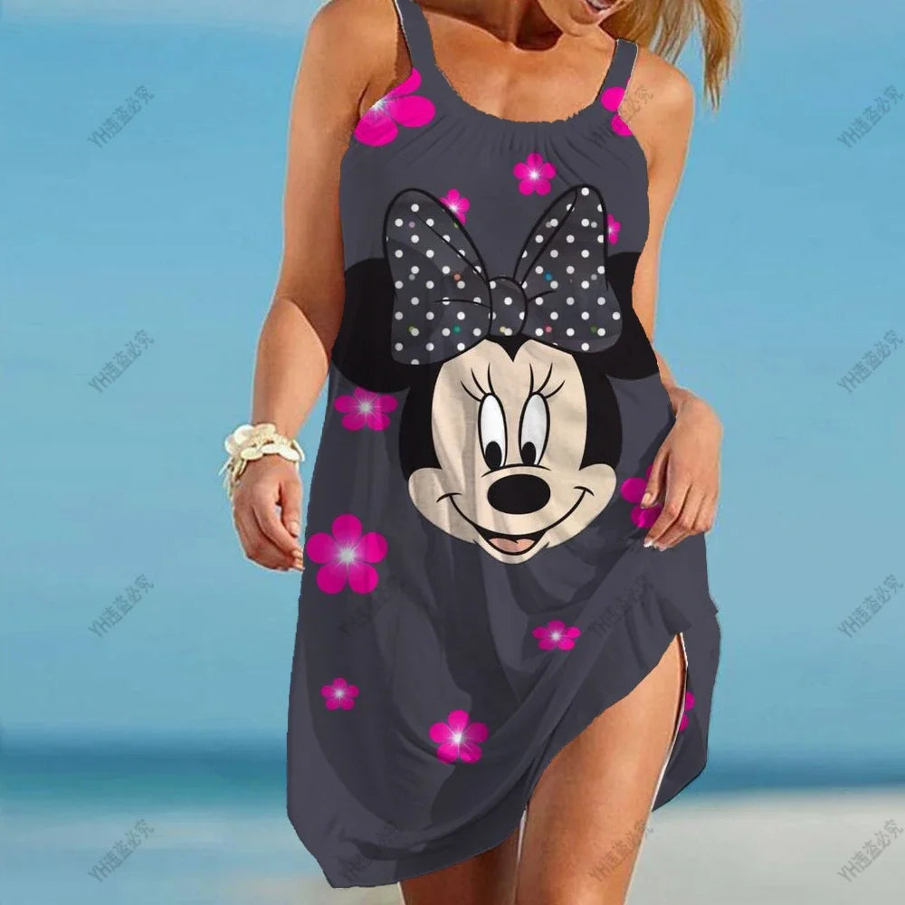 Summer Women 3D Tie Dye Rainbow Suspenders Bohemian Vintage Beachwear Girl Disney Minnie Mickey Mouse Sexy Party Beach Dress - Seprincess