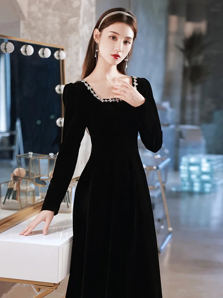 Black Evening Dresses Long Sleeve Square Collar Elegant Velvet Dress Beading Crystal Formal Gowns 2023 New Vestido - Seprincess