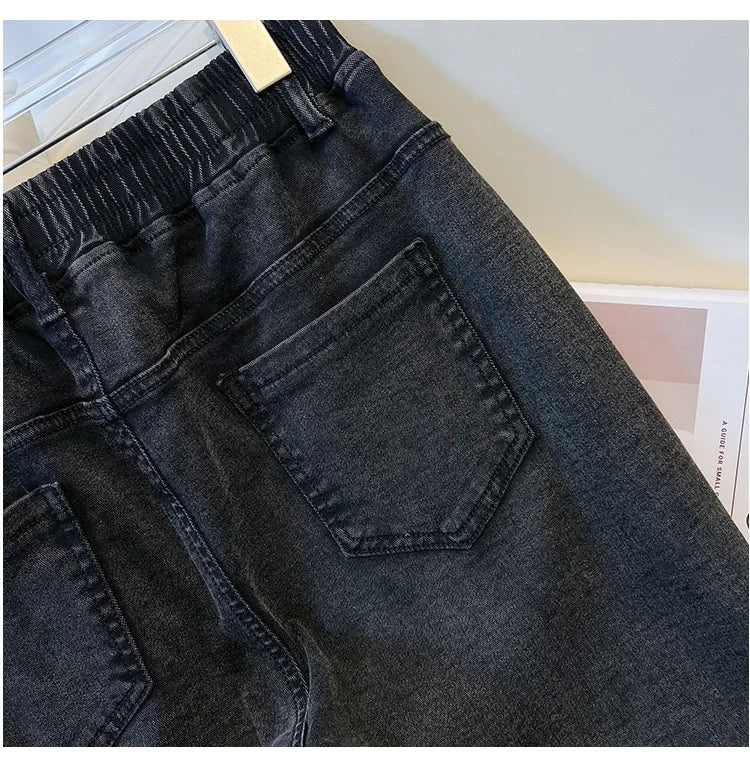 155Kg Plus Size Women's Jeans Hip 150-160 High Waist Casual Loose Flare Pants Trousers Black Black-Gray 5XL 6XL 7XL 8XL 9XL