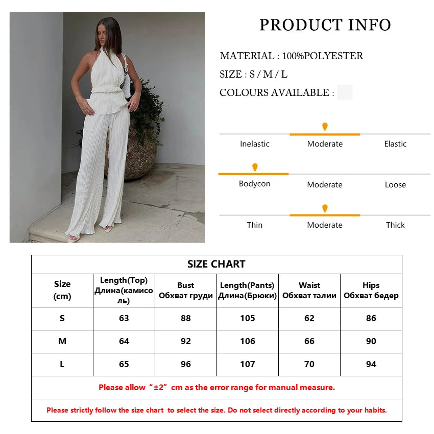 Oymimi Sexy White Pleated 2 Piece Sets Women Outfit 2023 Fashion Sleeveless Backless Tank Top With High Waist Wide Pants Set - Seprincess