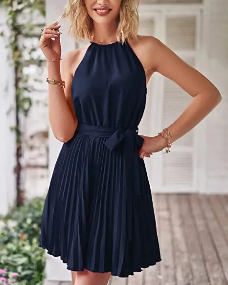 2023 Summer Short Pleated Dress Women Halter Dress Ladies Sleeveless A Line Party Dress For Women - Seprincess