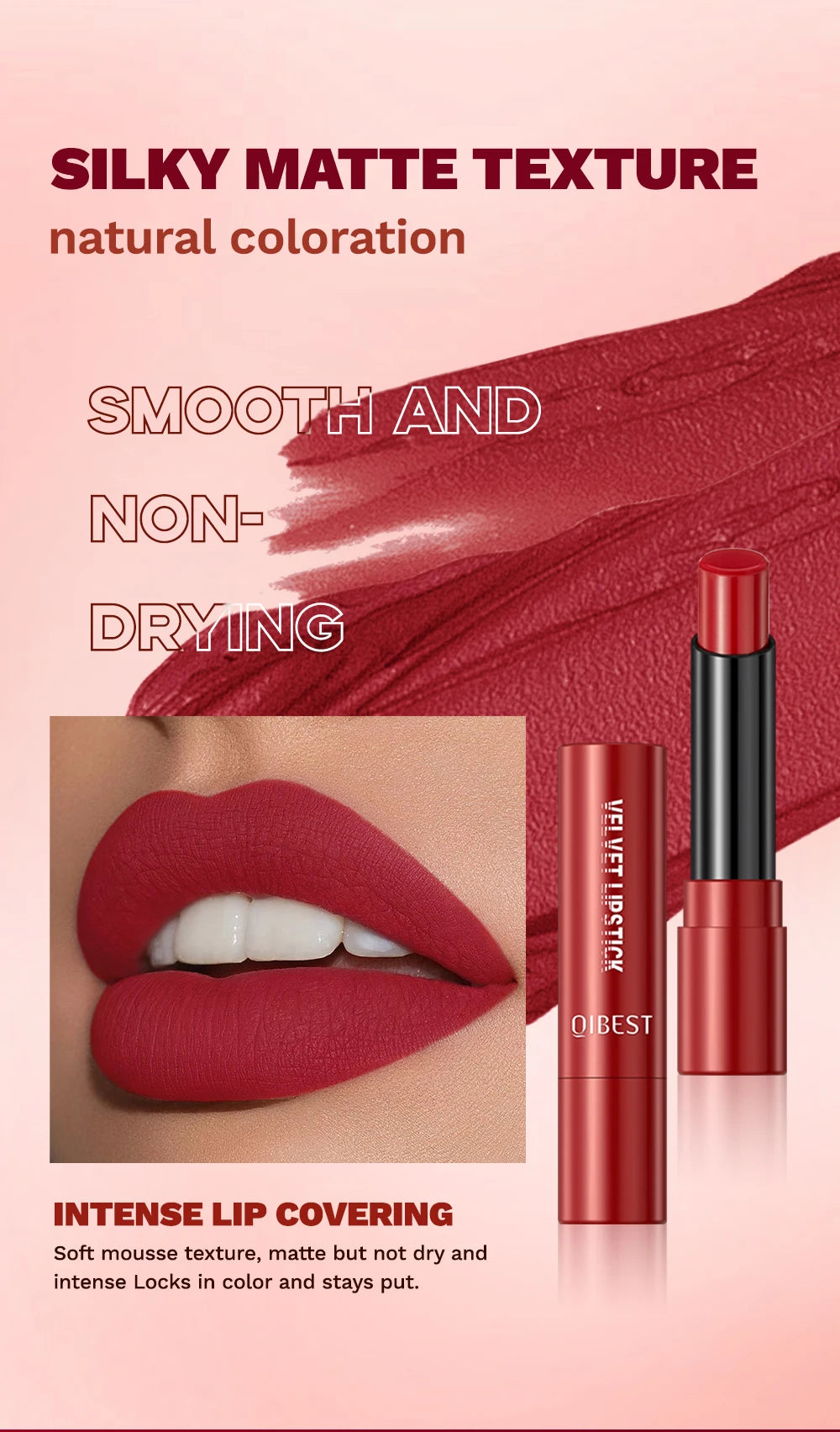 QIBEST Nude Lipstick Matte Lip Gloss High Pigment Makeup Classic Sexy Lipgloss Non-Stick Cup Long Lasting Red Lip Tint Cosmetics - Seprincess