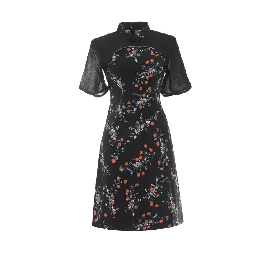 Modern Improved New Traditional Chinese Short Sleeve Cheongsam Sexy Black Floral Stitching Qipao Dress - Seprincess