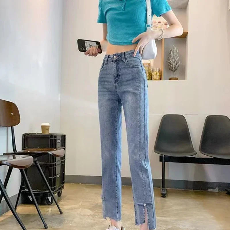 Pearl with Decorations Trousers Blue Cropped Straight Leg Women's Jeans Black and Capris High Waist Shot Short Japanese Y2k A R