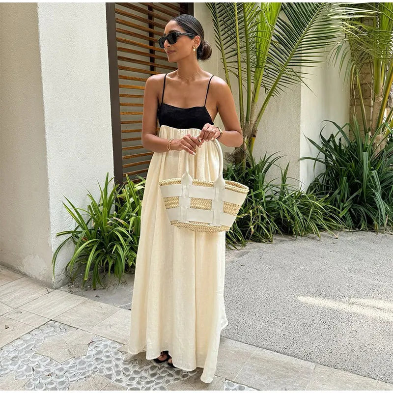 Contrast Splicing Loose Sling Long Dresses Women Square Collar Sleeveless Backless High Waist Dress 2024 Summer Lady Street Robe - Seprincess