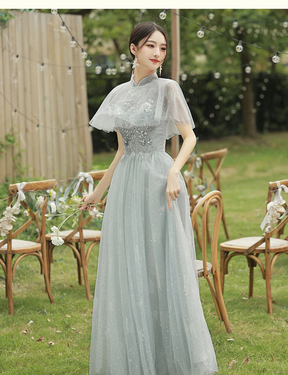 4 Styles Grey Bridesmaid Dress Women's Elegant V-neck Sequins Shawl Collar Slim A-line Gown Light Luxury Wedding Party Vestido