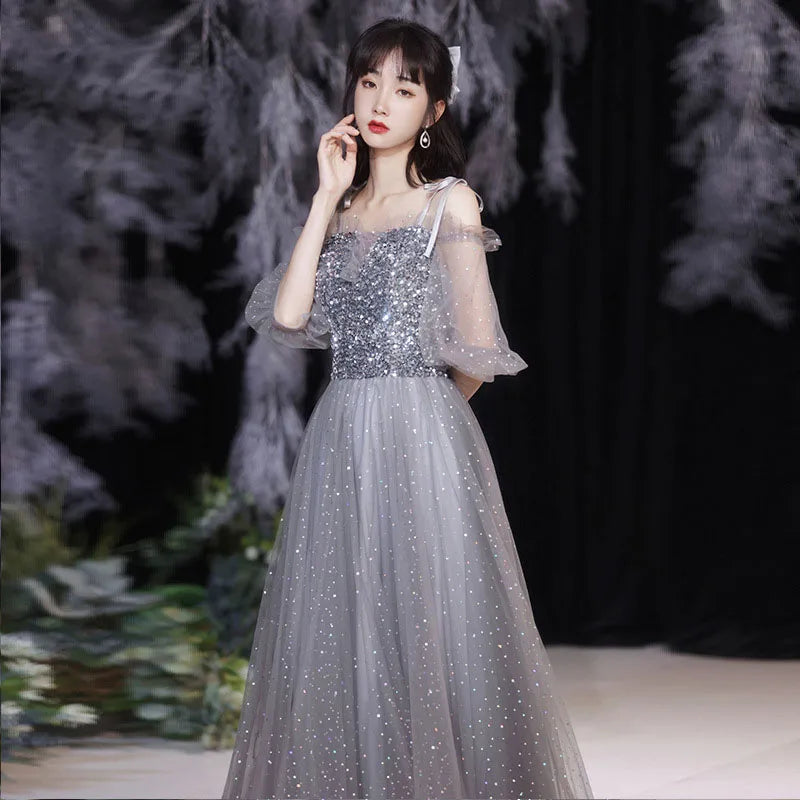 Grey Bridesmaid Evening Dress Women Off Shoulder Sequins Wedding Party Vestidos Fairy Temperament Sisters Group Gown Summer - Seprincess