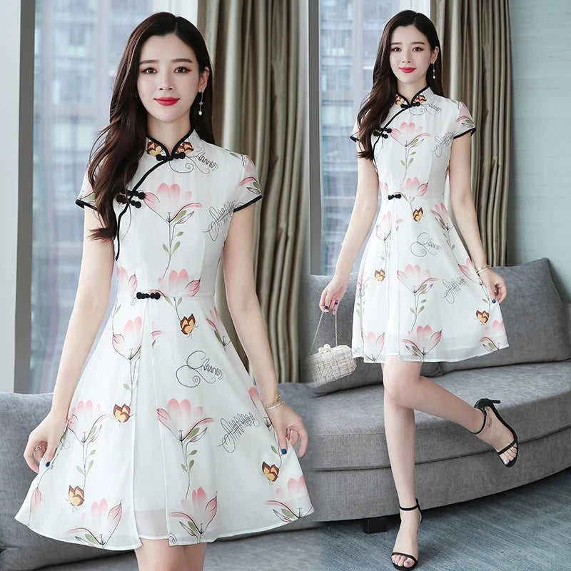 2023 Summer New Modern Improved Cheongsam Chiffon Printing Vintage Traditional Chinese Style Slim Qipao Dress - Seprincess