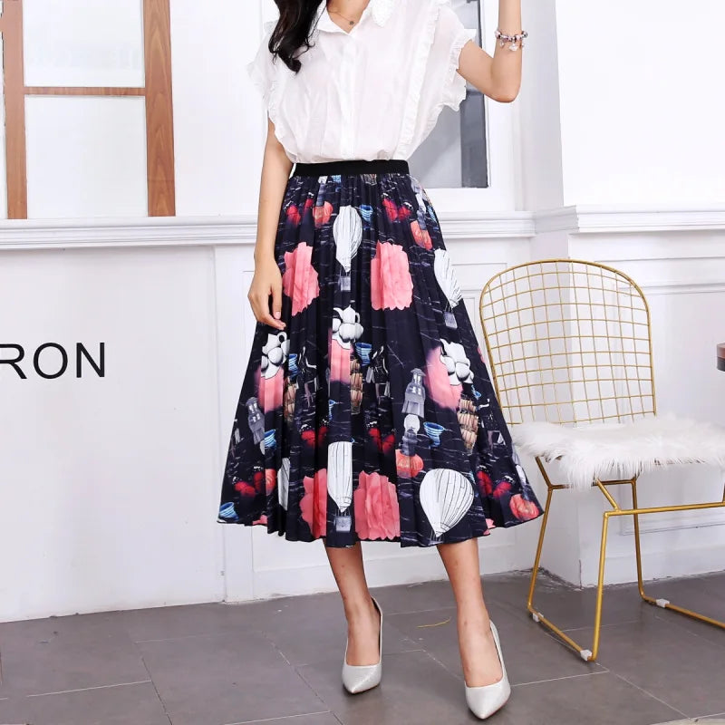 2024 Summer Women Cartoon Print Pleated Skirts A Line High Waisted Elastic Midi Long Skirt Ladies Party Korean Style Dresses - Seprincess