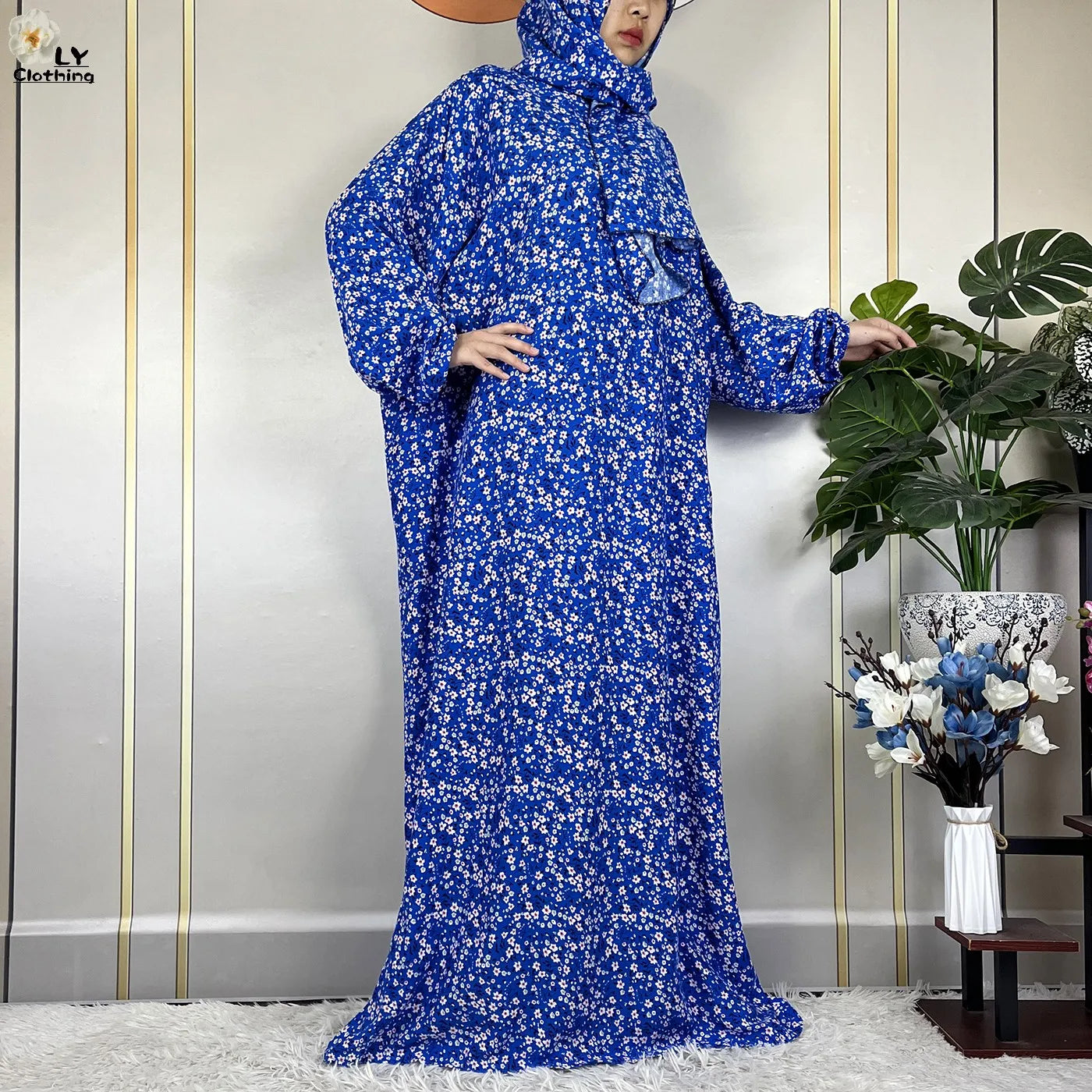 2024Latest Muslim Abayas For Women Ramadan Prayer Maxi Dubai Turkey Femme Cotton Robe Floral Loose African Dress Turban Attached