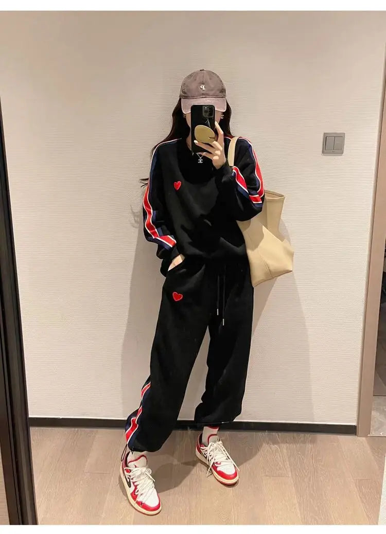 Autumn Cute Love Embroidery Pant Sets Two Pieces Tracksuits Khaki Side Striped Sweatshirt Women Girls Loose Sporty Korean Style