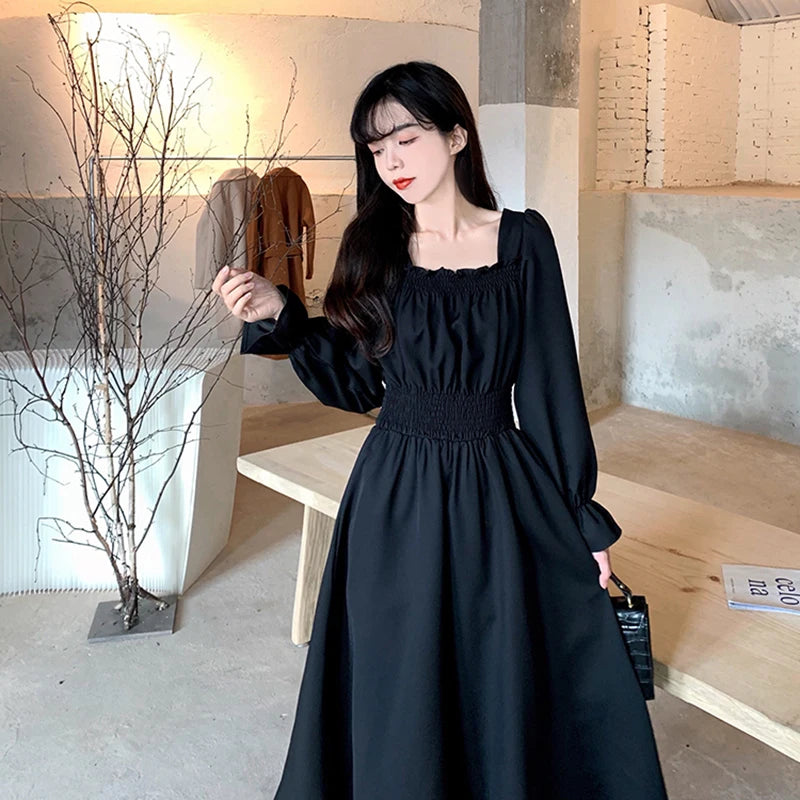 Women Black Folds Elegant Long Dress Retro Loose Sweet Square Collar Female Dress Spring Autumn All Match Casual Ladies Vestidos - Seprincess