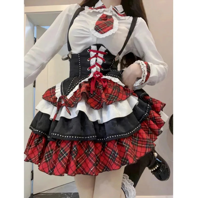 Plaid Patchwork Design Y2k Lolita Dress Sets Halloween Uniform Kawaii Mini Skirt Cosplay Anime Three Pieces Suit For Women - Seprincess