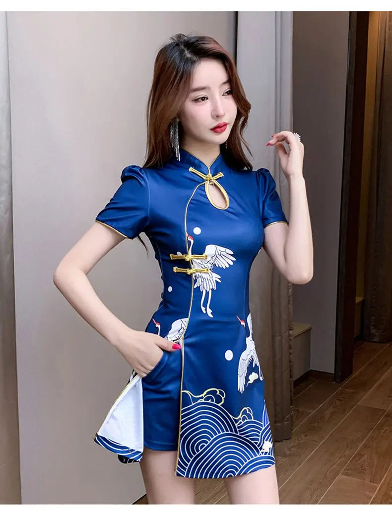 Women Chinese Style Retro Improved Temperament Printing Cheongsam Modern Dress Blue Chinese Qipao Dresses for Women - Seprincess