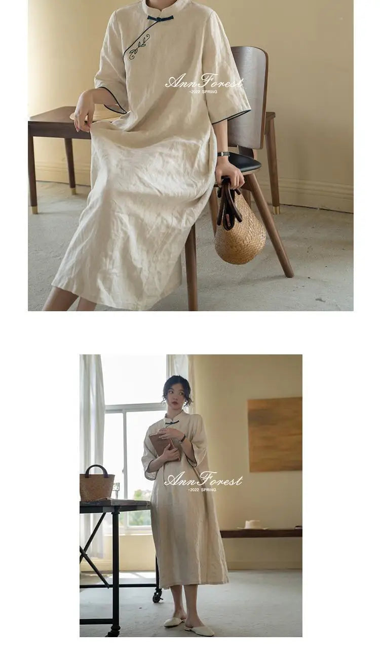 2023 summer vintage embroidery new chinese style improved cheongsam dress stand-up collar half sleeve retro loose dress s127 - Seprincess