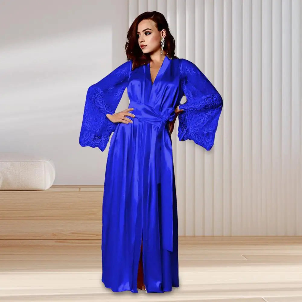 Women Nightgown Lace Sleeves Adjustable Waist Tie Satin Nightie V Neck Imitation Silk Sleepwear Honeymoon Bride Morning Robe - Seprincess