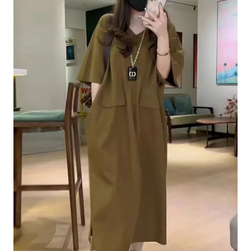 Fashion V-Neck Solid Color Spliced Pockets Loose Korean Long Dress Women's Clothing 2023 Summer New Oversized Casual Dresses - Seprincess