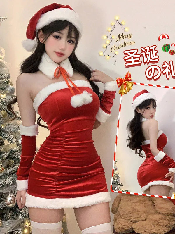 Fashion Sexy Korean Women Christmas Decoration Short Dress Elegant Velvet Sexy Female Cosplay Halloween Performance Dress 6BVH - Seprincess