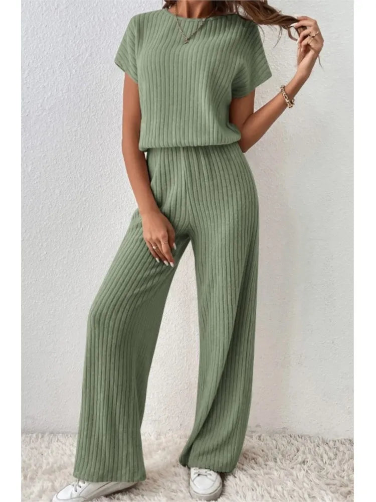 Elegant Short-sleeved Top + Trousers 2-piece Set For Women Fashion Autumn Winter Solid Color Short-sleeved Knitted Suit Female - Seprincess