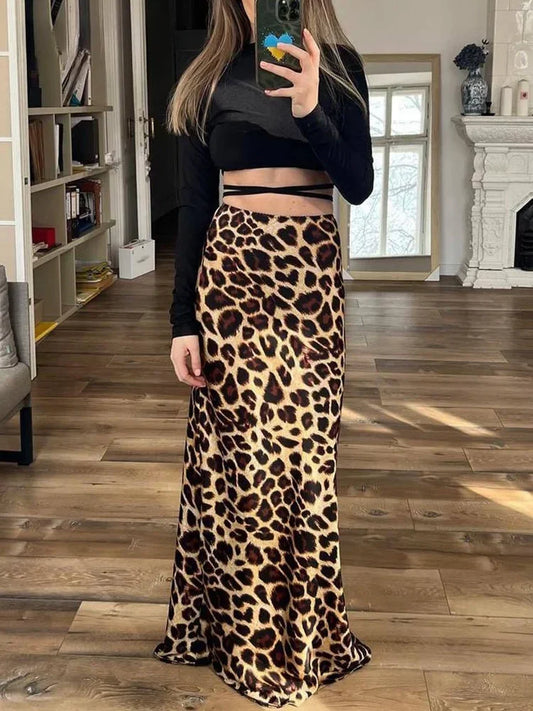 ASDS 2024 Vintage Women's Leopard Print Satin Skirt Female Summer High Waist Midi Skirt Woman Fashion Elegant Long Skirts - Seprincess