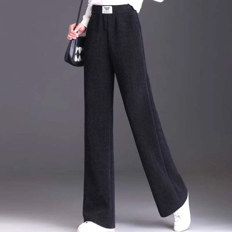 Women Warm Winter Plush Thick Pants Lambskin Cashmere Trousers High Waist Cotton Fleece Loose Female Plus Velvet Wide Leg Pants