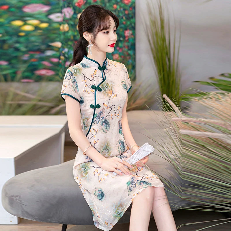 Fashion Modern Chinese Cheongsam A-line Dress Women Short Sleeve Qipao Traditional Chinese Clothes - Seprincess