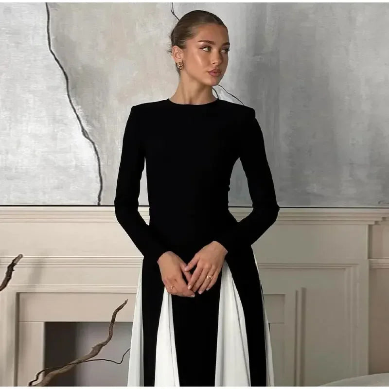 Elegant Black White Patchwork Maxi Dresses Women Fashion O-neck Long Sleeves Slim Dress New Female Evening Party Robes - Seprincess