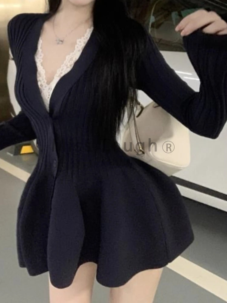 Winter Korean Fashion V Neck Knit Dress Women Designer Sweet Slim Sweater Dresses Female Retro Solid Y2k Knitted Dress New 2024 - Seprincess