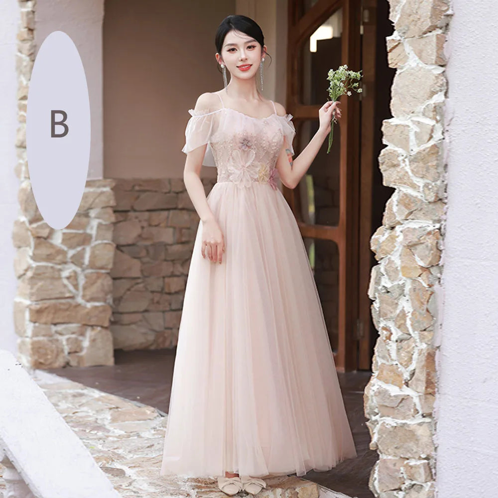 4 Styles Pink Bridesmaid Dress Women's Elegant Thin Tulle Off The Shoulder Flower Appliques A-line Wedding Party Guest Vestido - Seprincess