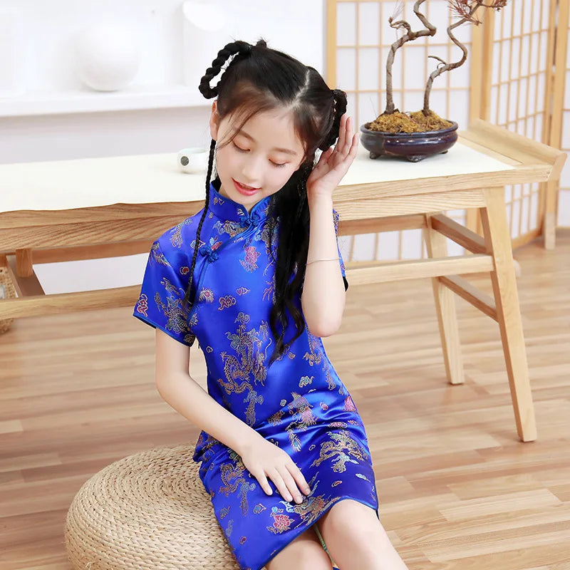 Classical Chinese Style Qipao Children Cheongsam Silk Brocade Princess Dress Baby Girl Print Cheongsams Handmade Button Clothing - Seprincess