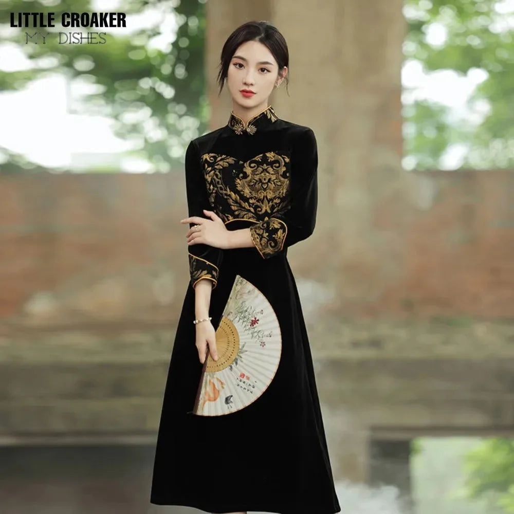 Women Qipao 2023 New Autumn Golden Velvet Long Cheongsam Sleeved High End Elegant Retro Style Cheongsam Long Sleeve Qipao Dress - Seprincess