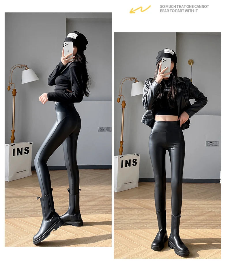 Autumn Winter Women Fleece Matte Leather Leggings High Quality Sheepskin High Waist Elastic PU Leather Pants Slim Sexy Leggings