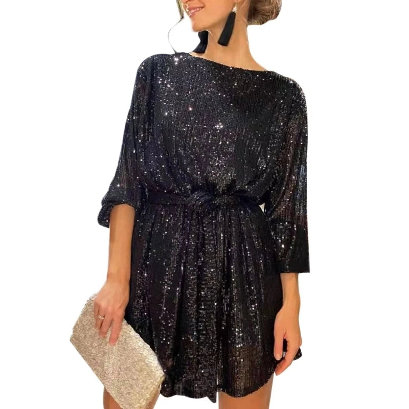 Womens Puff Long Sleeve Glitter Sequin Dress with Belt Evening Wedding Bridesmaid Sparkly Loose Fit Mini Short Dresses - Seprincess