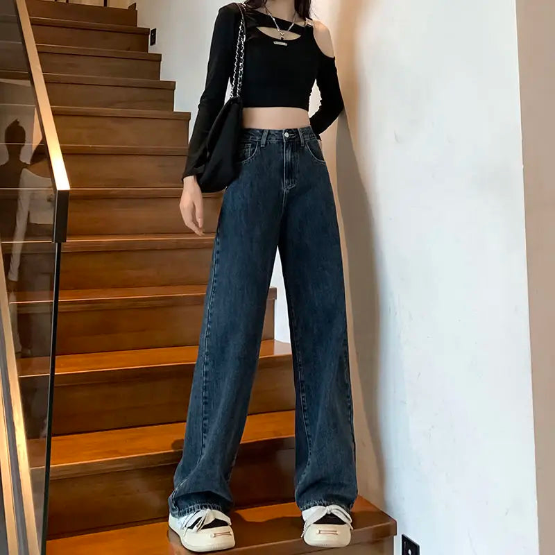 Autumn Winter New Fashion High Waist Button Solid Jeans Women's Clothing Casual All-match Korean Pocket Simplicity Straight Pant