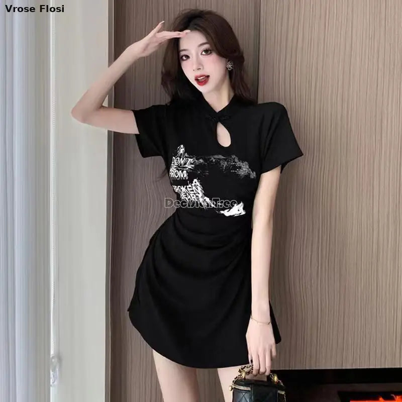 New 2024 Retro Daily Leisure Qipao Dress Chinese Style Printing Improved Cheongsam Fashionable Wrinkled Waist Design Thin Dress - Seprincess